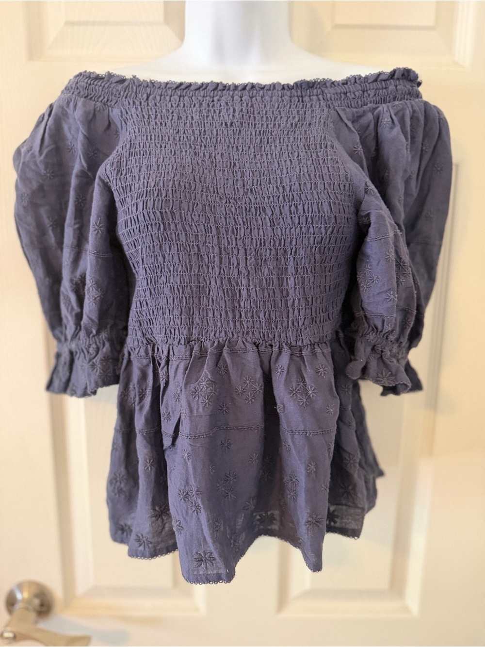 Old Navy Slate Blue Smocked Off-Shoulder Peplum Blouse